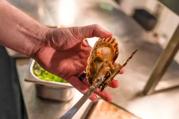 Chef cutting oysters