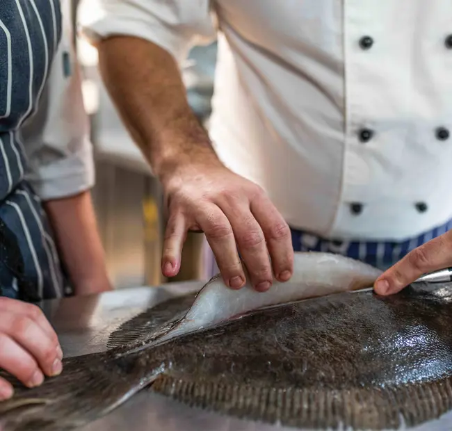 Chef teaching apprentice how to prep fish