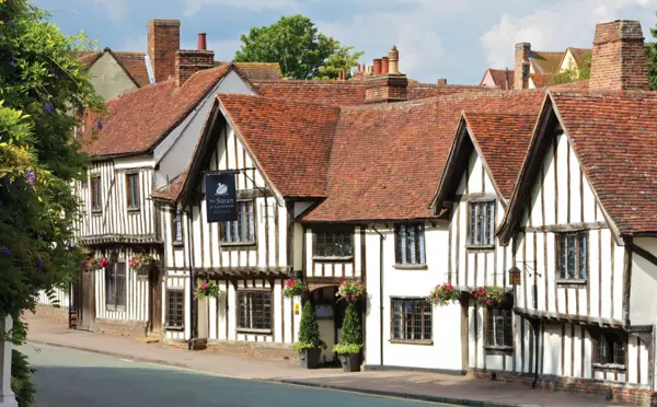 The Swan at Lavenham, External of the hotel with sign 